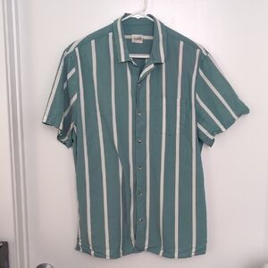 Fair Harbor Teal and White Vertical Stripe Casual Button-Down Shirt